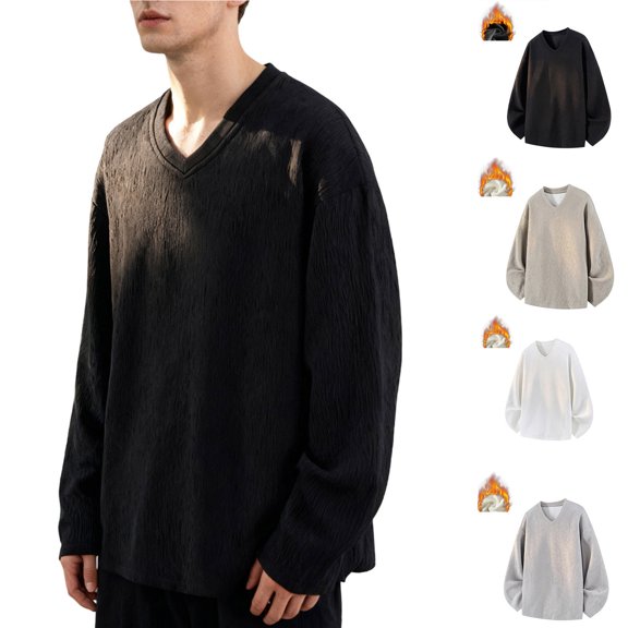 Miluxas Men V Neck Casual Sweatshirt Long Sleeve Loose Fit Fleece Lined Pullover Fashion thermal Base Layer Tees Comfy Shirt White