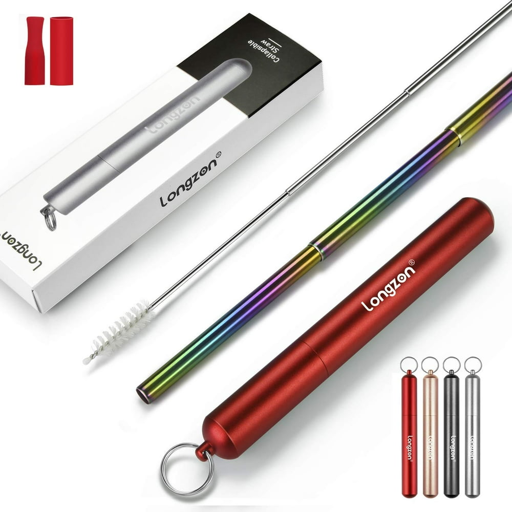Longzon Reusable Collapsible Metal Straws, Foldable Portable Rainbow