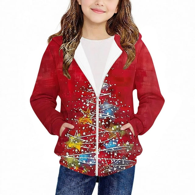 Jgppe Veste Fille Noël Manches Longues à Capuche Imprimé Coloré Fermeture Éclair Complète Décontractée avec Poches 4-12 Ans