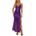 thumbnail image 1 of INSPIRE CHIC Robe de Soirée à Paillettes pour Femme, Col en V, Bretelles Spaghetti, Maxi, Fendue, 1 of 6