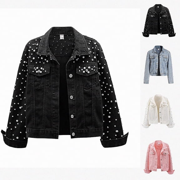 Zefriona Womens Cropped Denim Jacket Rhinestone Embellished Long Sleeve Casual Jean Coat Black Size L