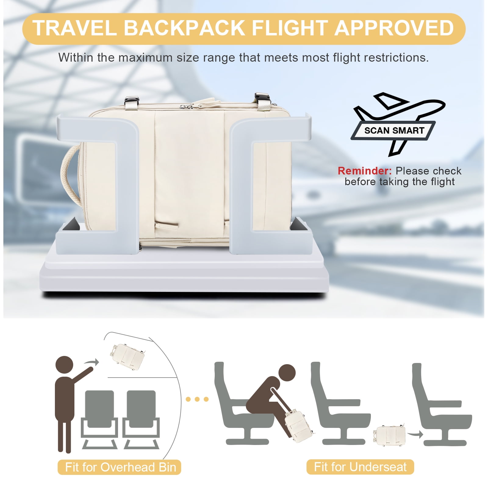 SYCNB Carry On Airplane Approved Waterproof Travel Backpack, Large Daypack with Shoes Compartment & Laptop Sleeve for Women & Men, Hiking & Casual, Beige Flight Personal Item Bag