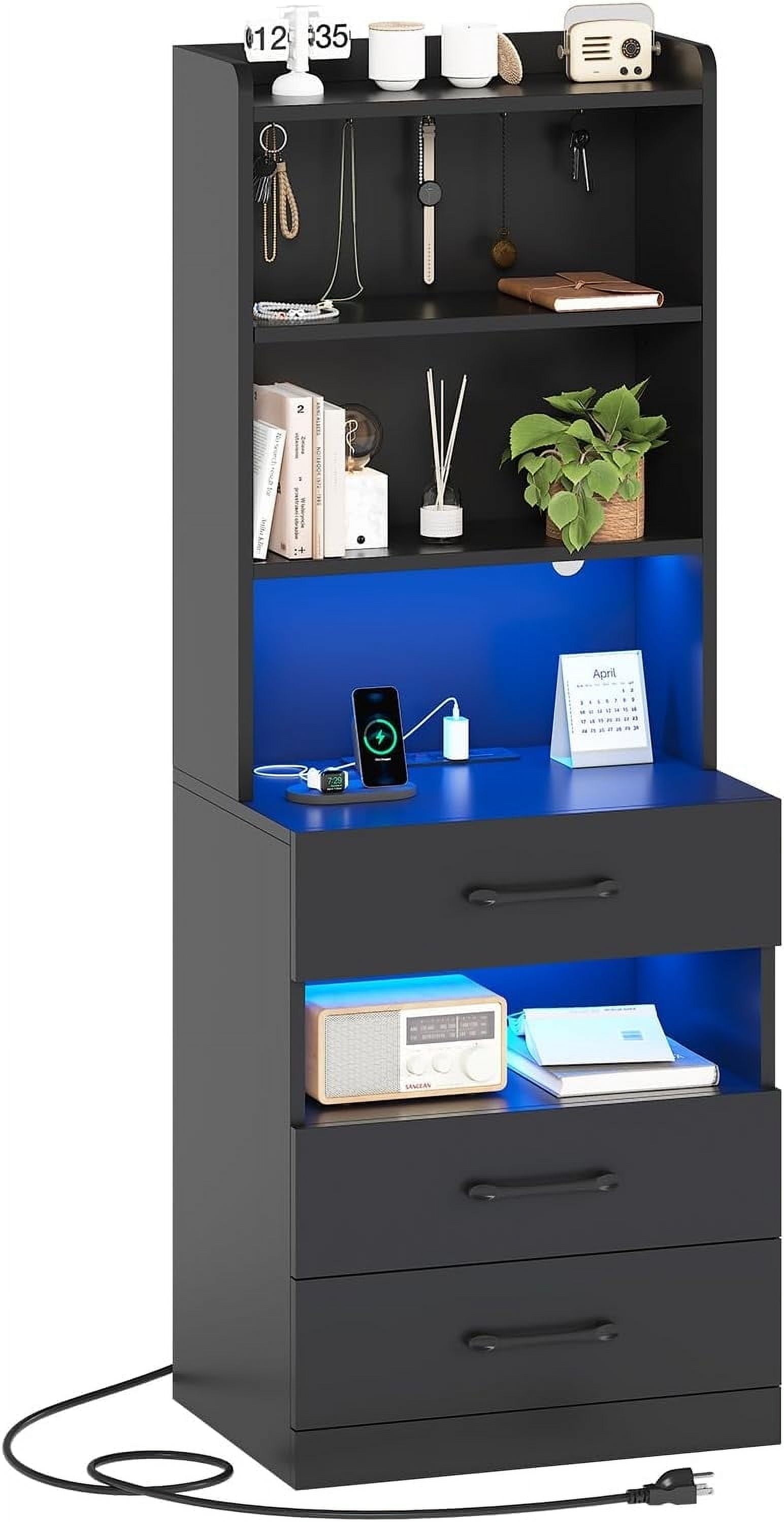 AOGLLATI Tall Nightstand with Charging Station and LED Lights Bookshelf, Bedside Table with 3 Drawers and Storage Shelves, End Side Table for Bedrooms
