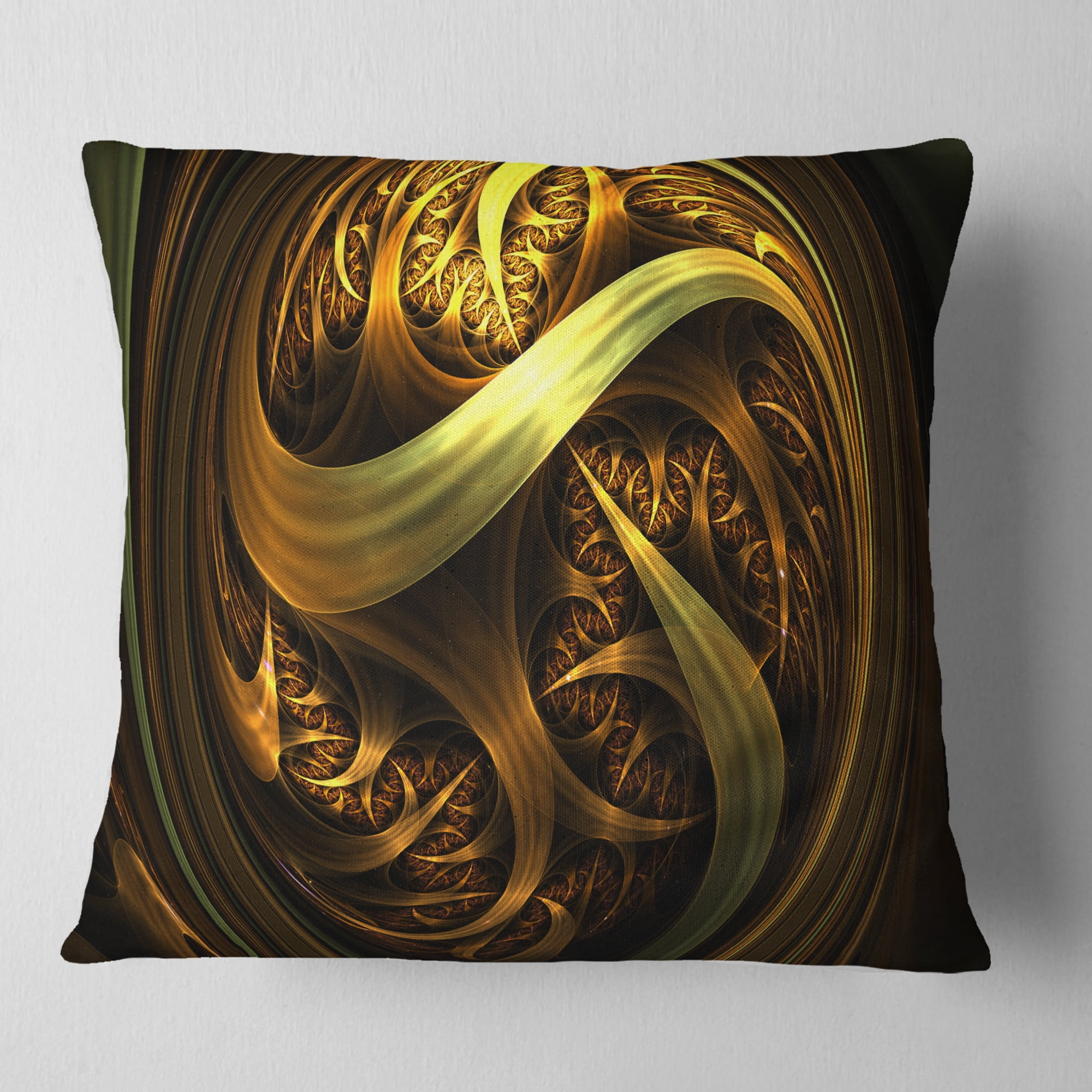 Designart Golden Fractal Sphere in Dark - Abstract Throw Pillow - 16x16