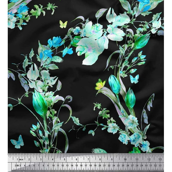 Soimoi Green Cotton Duck Fabric Insect & Wild Flower Print Fabric by The Yard 42 Inch Wide
