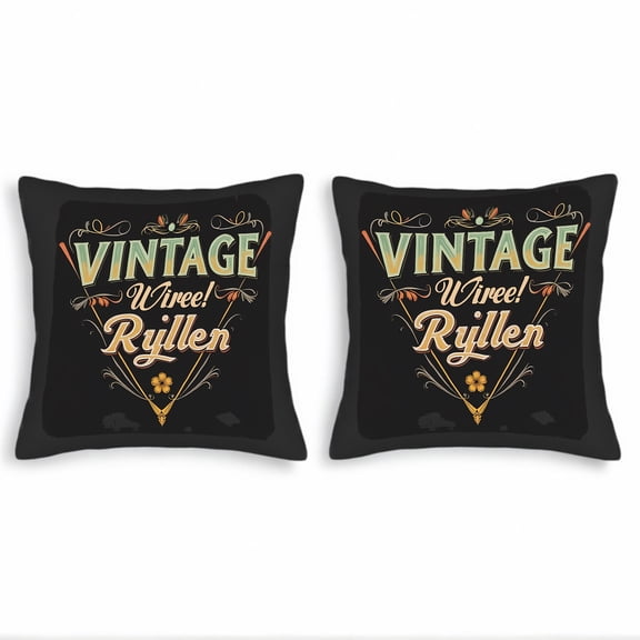 Set of 2 Vintage - Style Decorative Throw Pillow Covers 18x18in - Black Background with Artistic " VINTAGE uwweel Ryullen " Design for Couch Bed Car