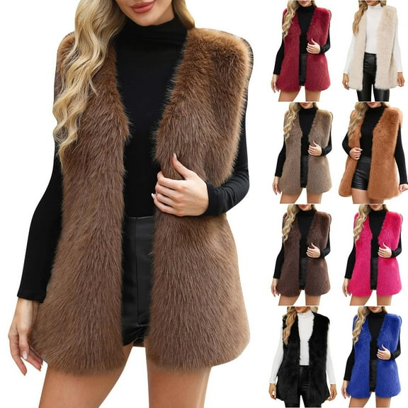 Nfurl Womens Faux Fur Vests Soft Fluffy V Neck Mid Long Sleeveless Jackets Causal Outerwear Ladies Fall Winter Going Out Vests Wine XXXL