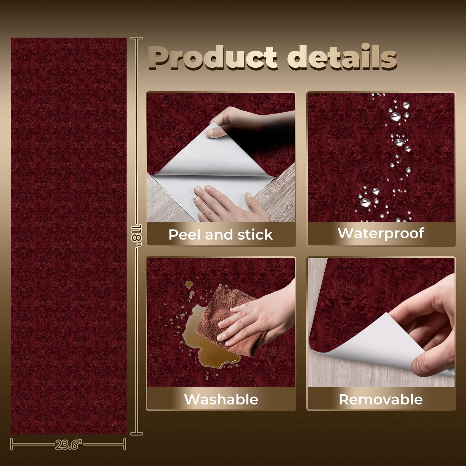 Peel and Stick Wallpaper Baroque Elegant Burgundy Damask Vintage Floral Design Wall Mural 23.6in x 9.8ft Self Adhesive Removable Wall Paper Renter Friendly Wallpaper for Nursery Bedroom Cabinets