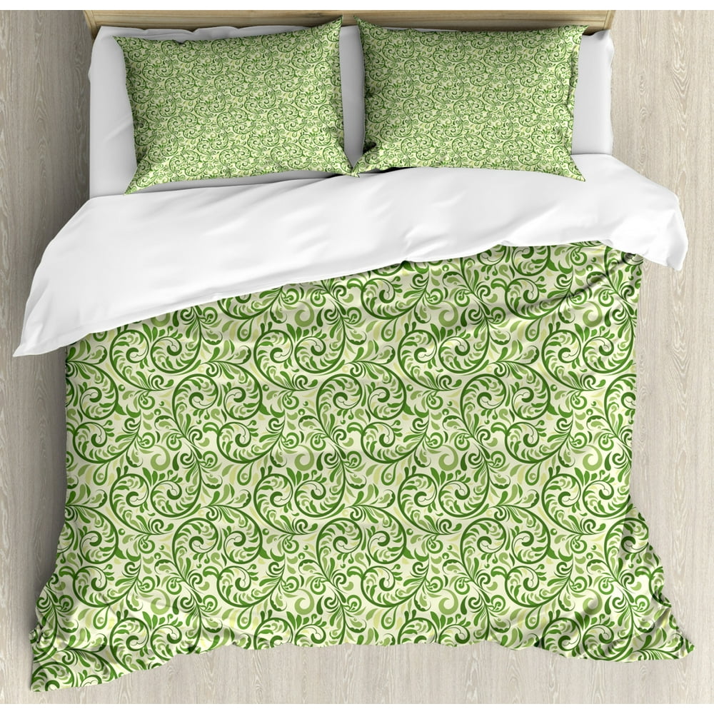 Green Duvet Cover Set King Size, Swirled Curly Abstract Leaves with