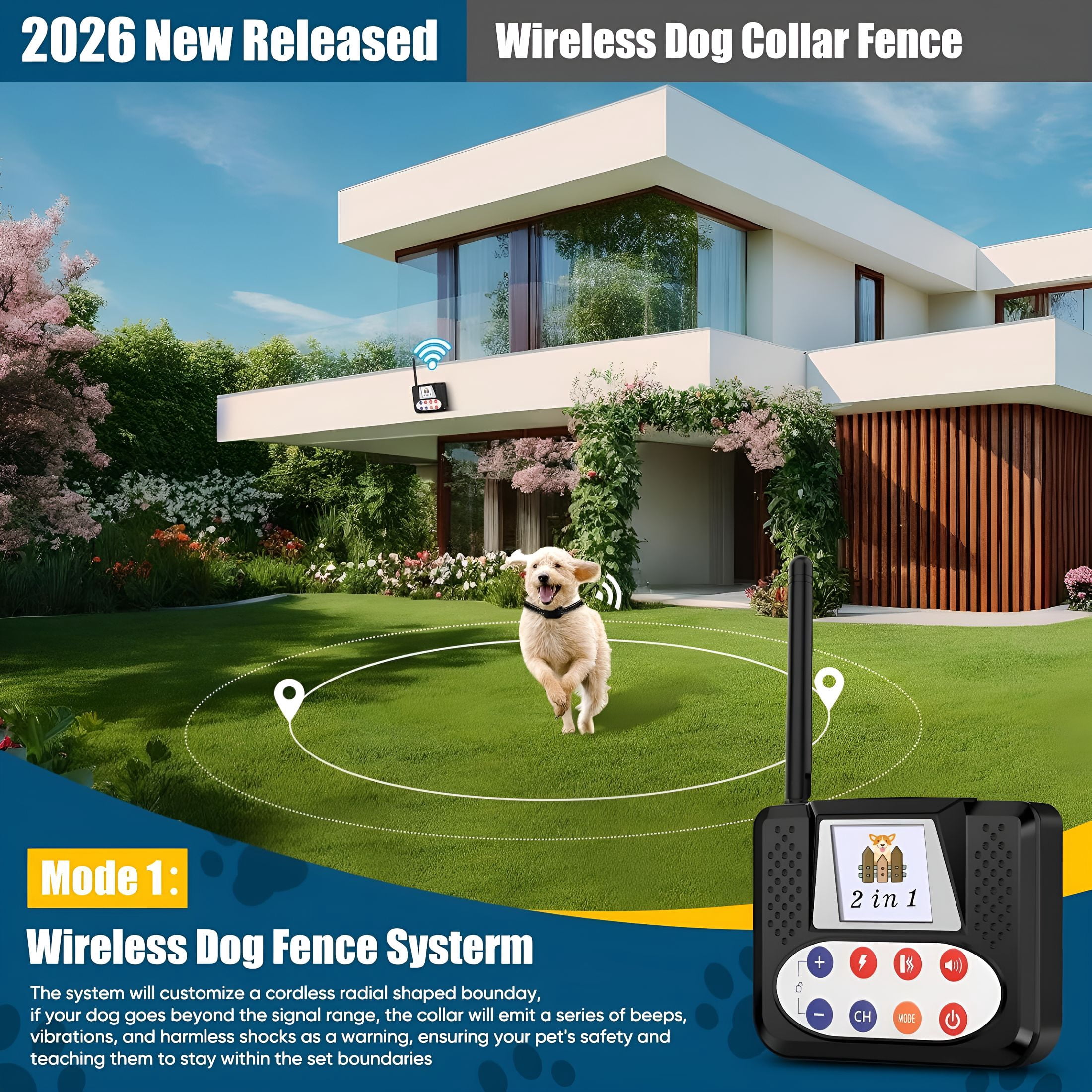 GJX Wireless Dog Fence, Electric Fence System with Big LCD Color Screen, Portable Wireless Pet Fence with Remote Training Collar, Dog Perimeter Collar, Adjustable for Small Medium Big Dogs
