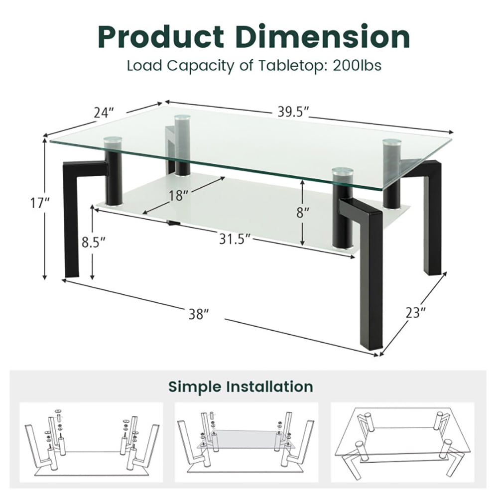 Finihen Coffee Table, Glass Coffee Table, 2-Tier Rectangular Glass Coffee Table with Metal Tube Legs, for Living Room, Reception Room, Black Finihen Coffee Table, Glass Coffee Table, 2-Tier Rectangular Glass Coffee Table with Metal Tube Legs, for Living Room, Reception Room, Black