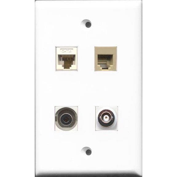 RiteAV 1 Port Phone RJ11 RJ12 Beige and 1 Port 3.5mm and 1 Port BNC and 1 Port Cat6 Ethernet White Wall Plate