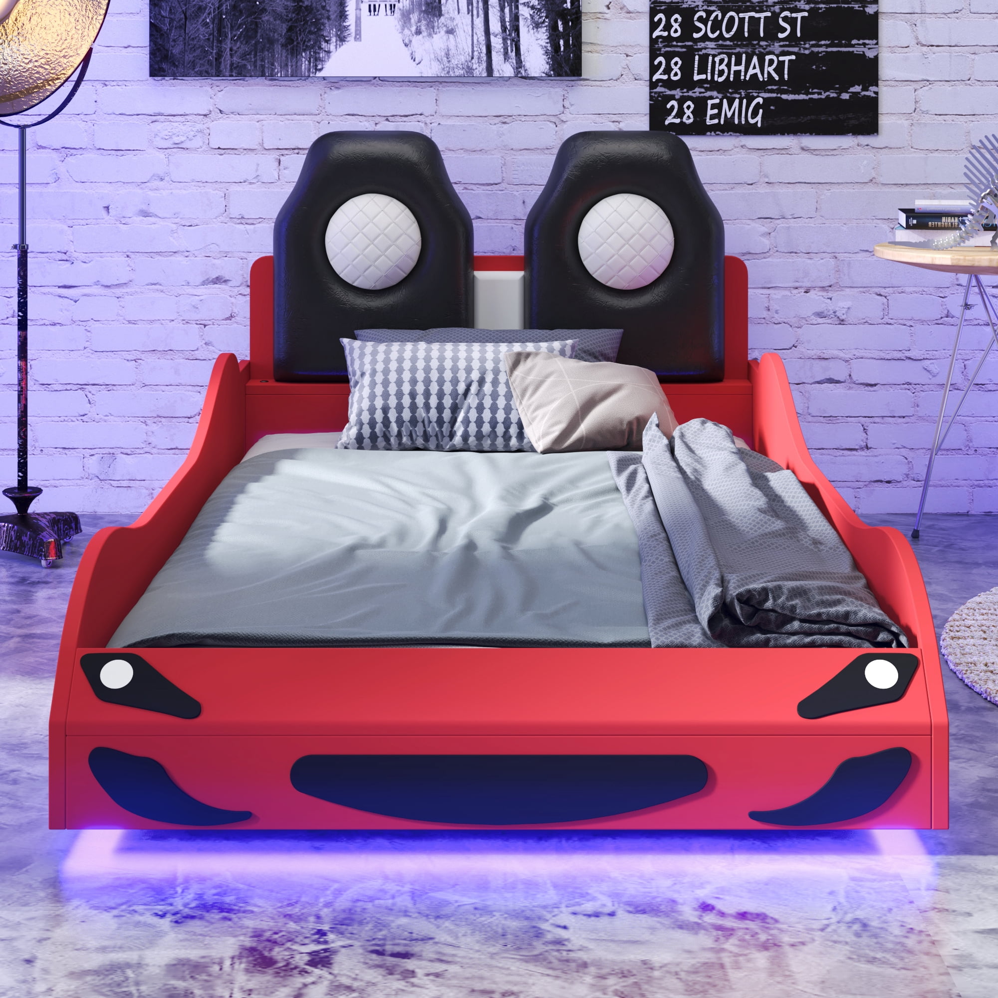 Euroco Upholstered Race Car Bed, Twin Platform Bed with LED Light and Headboard