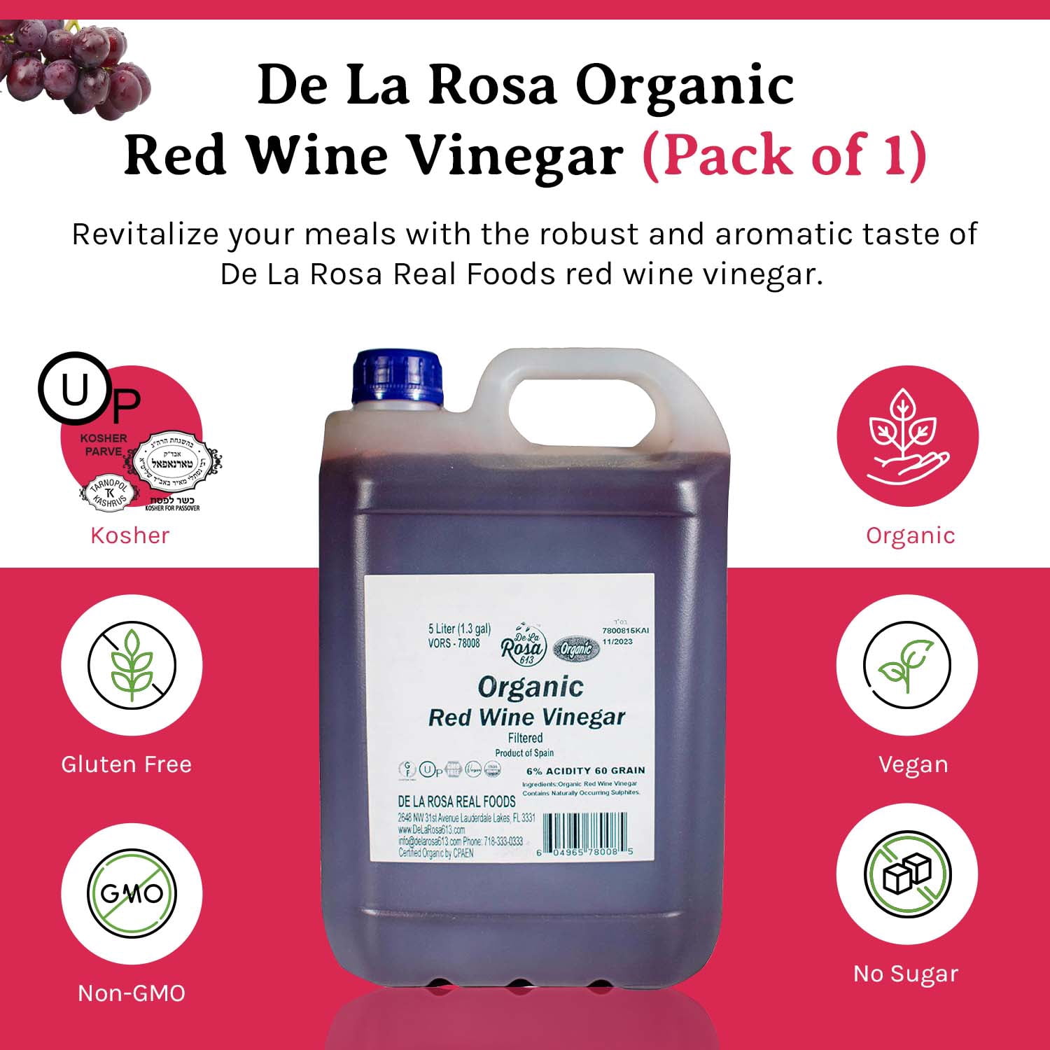 De La Rosa 613 Red Wine Vinegar, Filtered, Kosher, Non-GMO, Gluten-Free, 5 Liters