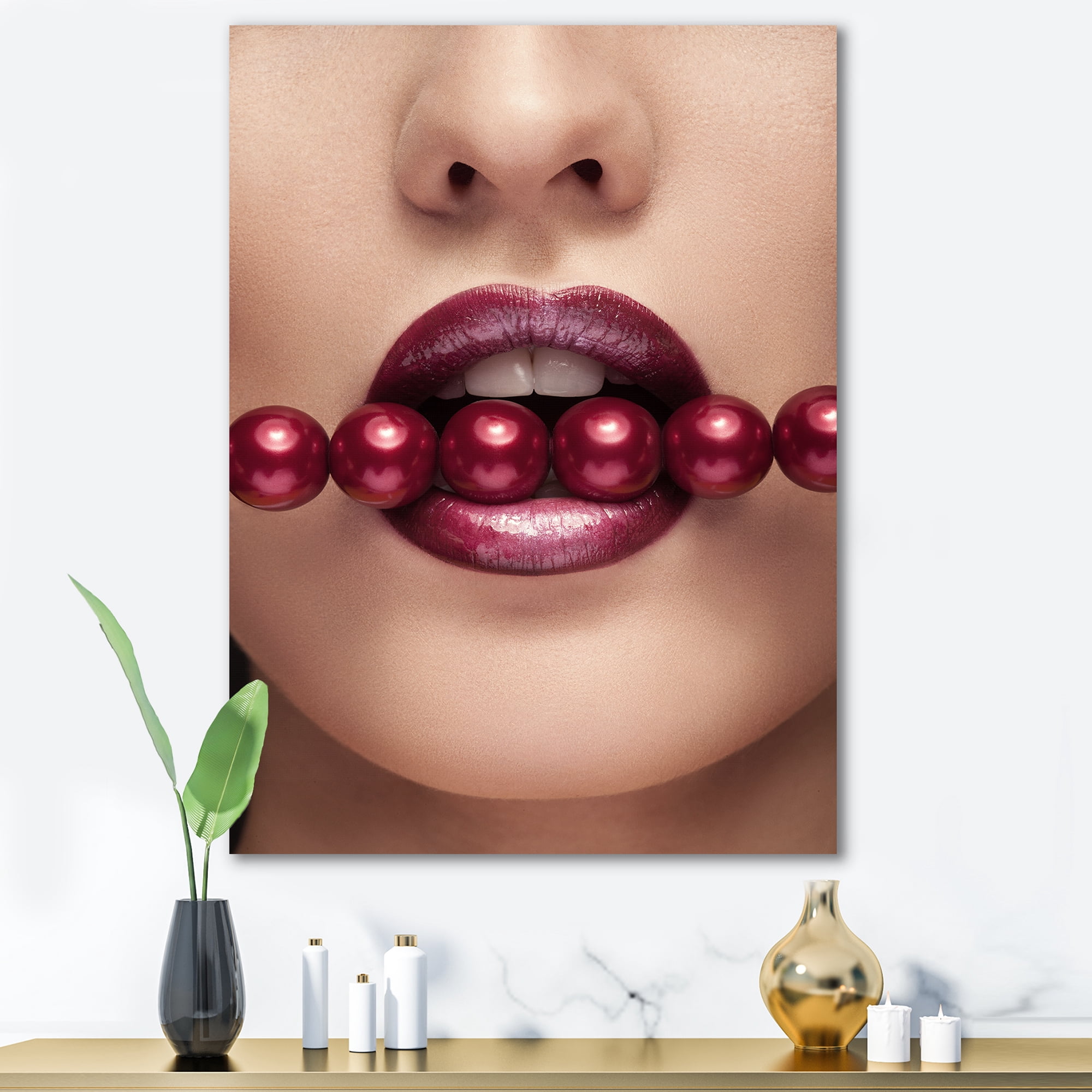 Designart ' Girl With Red Pearls In Mouth In A Sensual Pose ' Modern Canvas Wall Art Print
