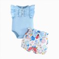 thumbnail image 3 of TOWED22 Newborn Baby Girl Clothes Summer Knit Ribbed Floral Print Short Sleeve Romper Shorts Headband Outfit Set(Sky Blue,6-9 M), 3 of 8