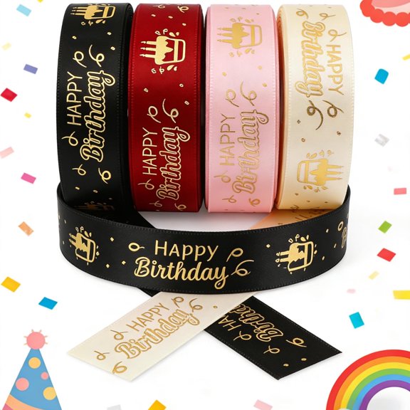 4 Rolls 20 Yards 0.75" Happy Birthday Satin Ribbon – Gold Foil Design | for Gift Wrapping, Flower Bouquets, Birthday Party Decor & DIY Crafts