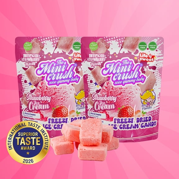 Minicrush Freeze Dried Strawberry Ice Cream Bites, No-Melt Crunchy Creamy Ice Cream Snack, Shelf-Stable Treat for Travel, Camping, and Lunchboxes