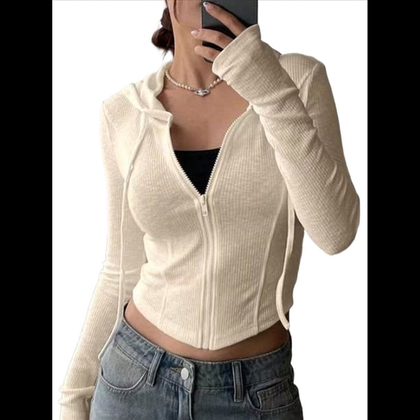 Chaqueta Corta Ligera con Capucha, Cremallera y Cordón de Larga para Mujer Caqui M