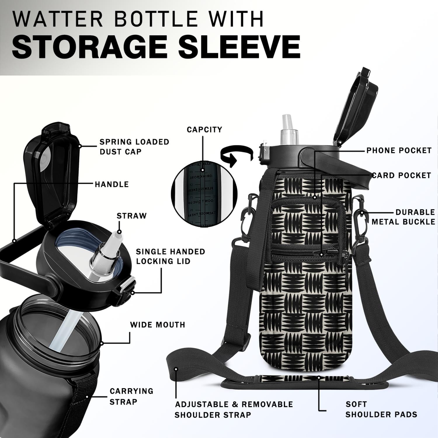 Black & White Stripe 64 Oz Water Bottle with Measurements - BPA Free Leakproof Sport Large Plastic Water Bottle with Straw Strap & Insulated Neoprene Holder Carrier Bag Great Gift for Women Men