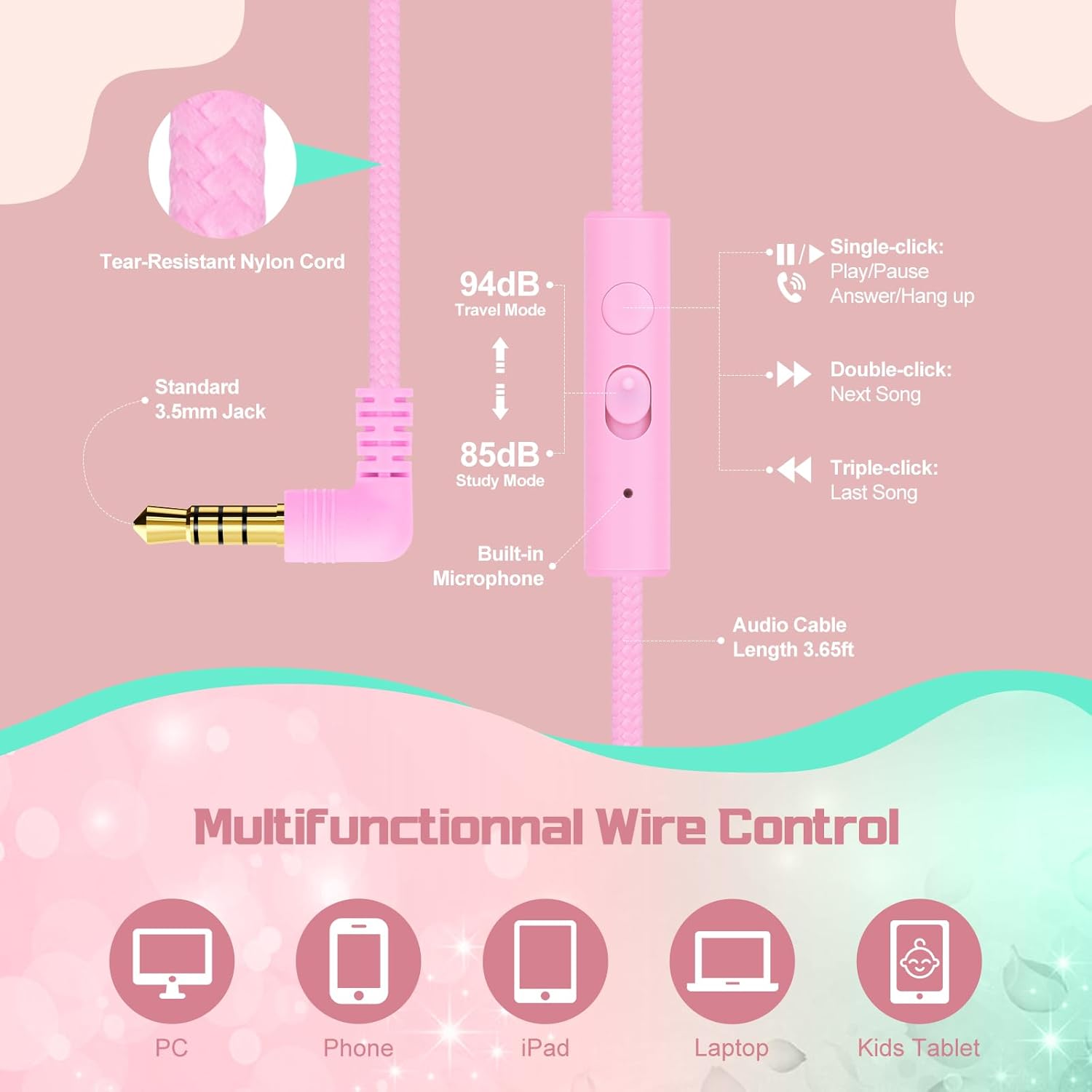 QearFun Kids Cat Ear Wired Headphones with Mic, 85/94dB Volume Limiter photo 7