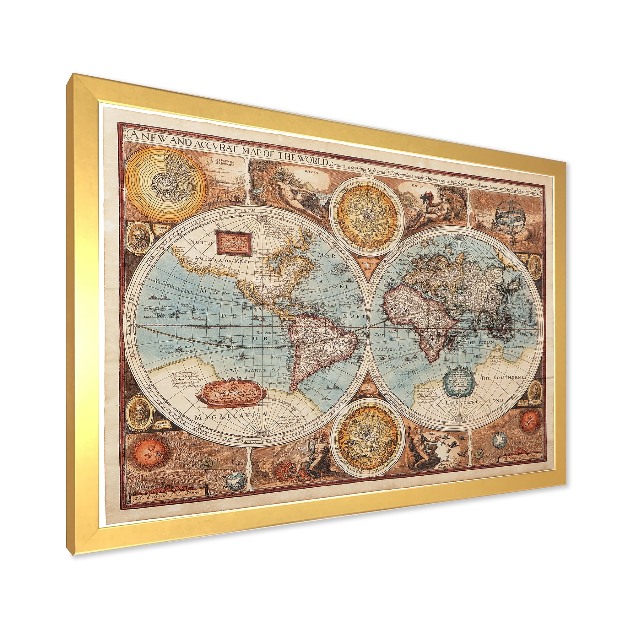 Designart 'Vintage Map of The World VIII' Vintage Framed Art Print
