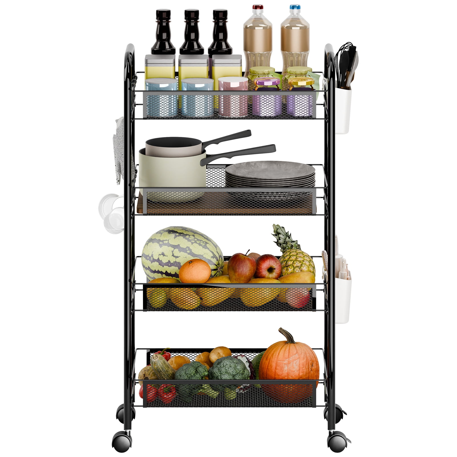 Fruit Vegetable Storage Basket, 5 Tier Stackable Metal Mesh Storage Basket with 360 Degree Wheels, Fruit Vegetable Produce Basket Storage Organizer for Kitchen, Pantry, Bathroom-4-Layers,Black