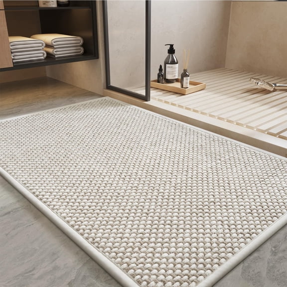 PADOOR-Bath Mat-Super Absorbent Chenille Bathroom Mats-Rubber Backed Bath Mats for Non Slip, Easy Clean Rugs Front of Bathtub,Shower Room,Sink-17×28, Beige&Cream