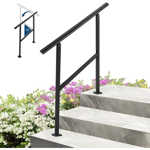 YUSAZENS 3 Step Carbon Steel Stair Handrail, Black Weatherproof Metal Step Railing for Entryway Porch and Yard Stairway