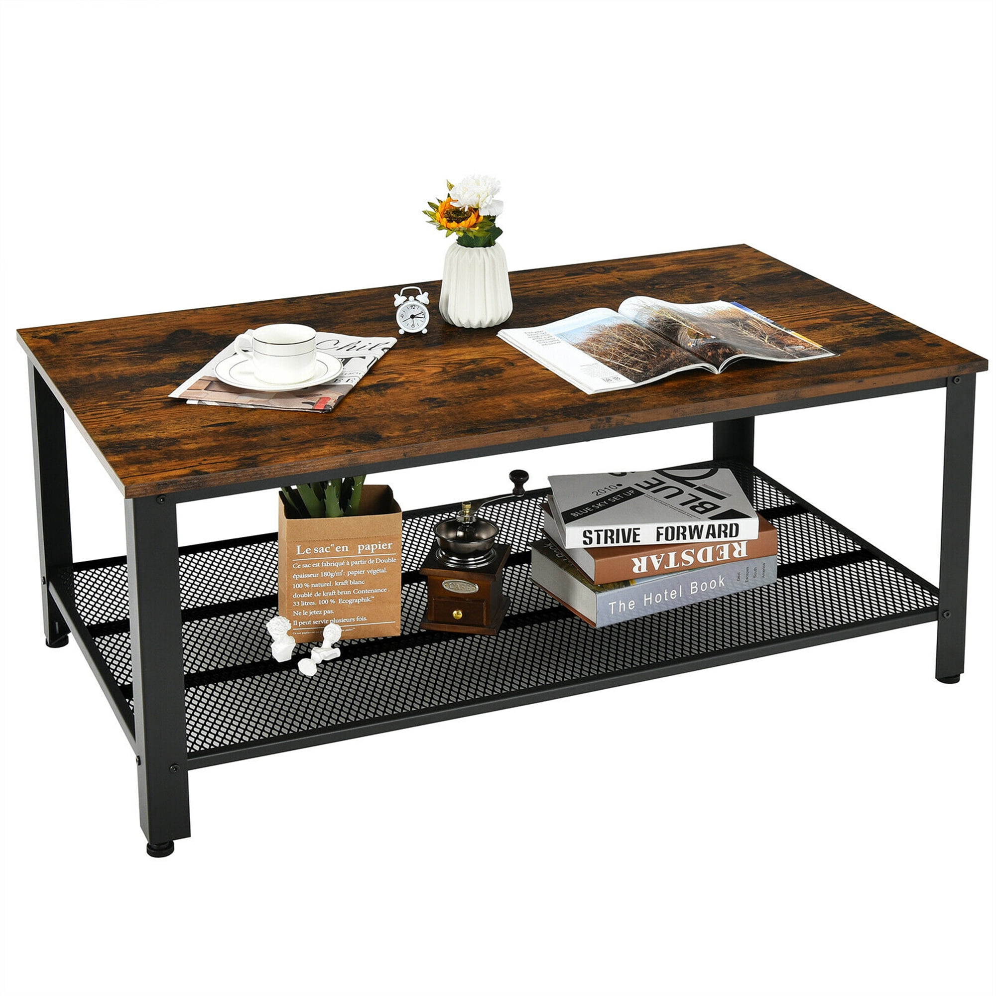 Gymax Coffee Table Console Table with Storage Shelf and Metal Frame ...