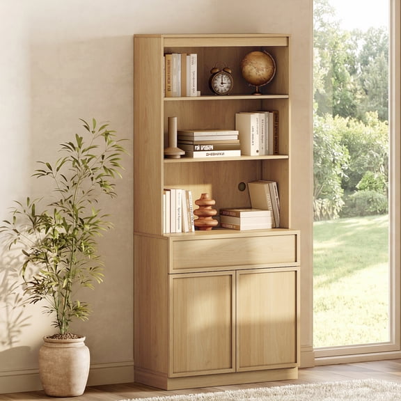 Modern 72" Tall Bookcase with Doors, Drawers & Adjustable Shelves, Wood Bookcase with Storage Cabinet and Open Shelving,Oak