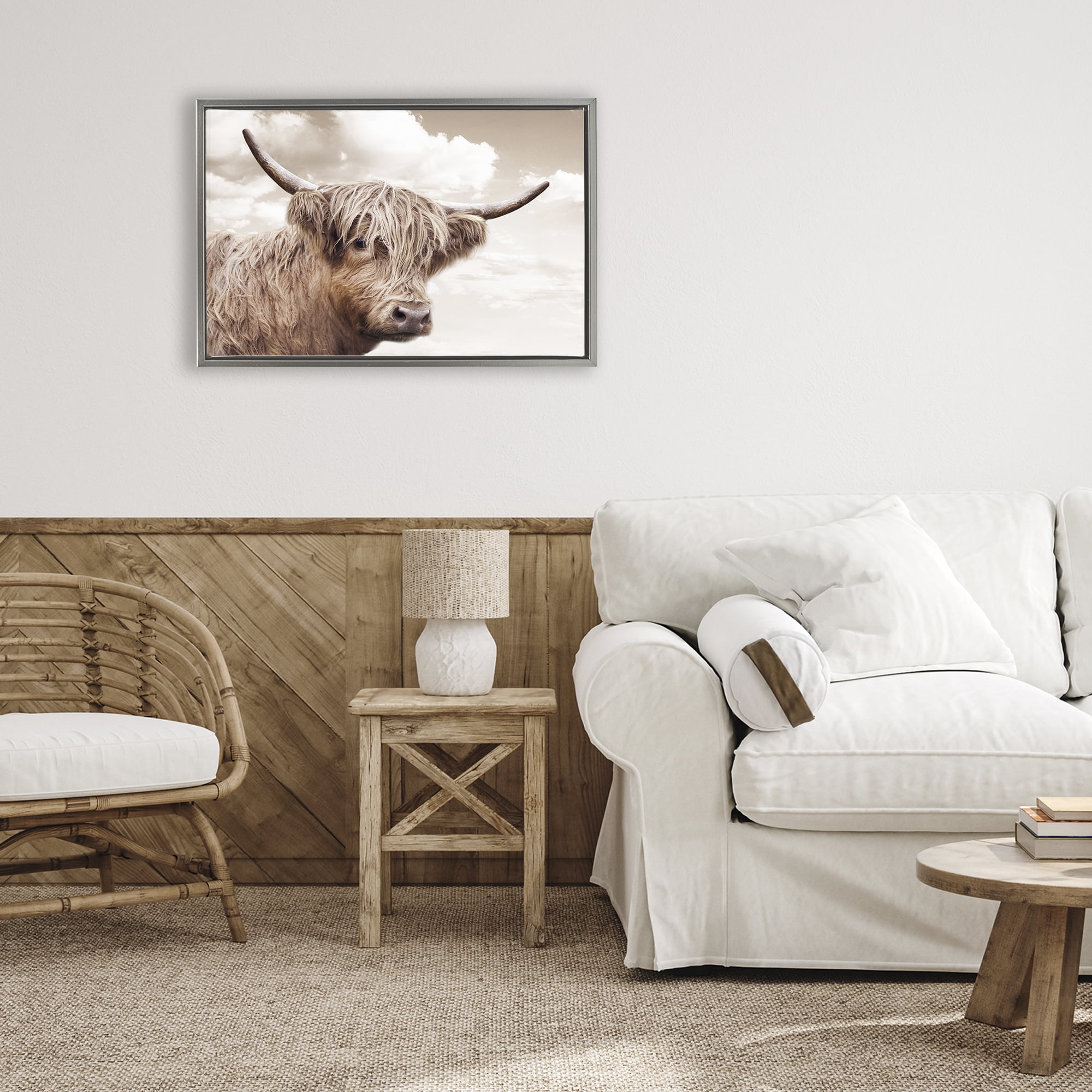 Stupell Industries Shaggy Highland Cow & Clouds Gray Framed Floater Canvas Wall Art, design by CAD Designs