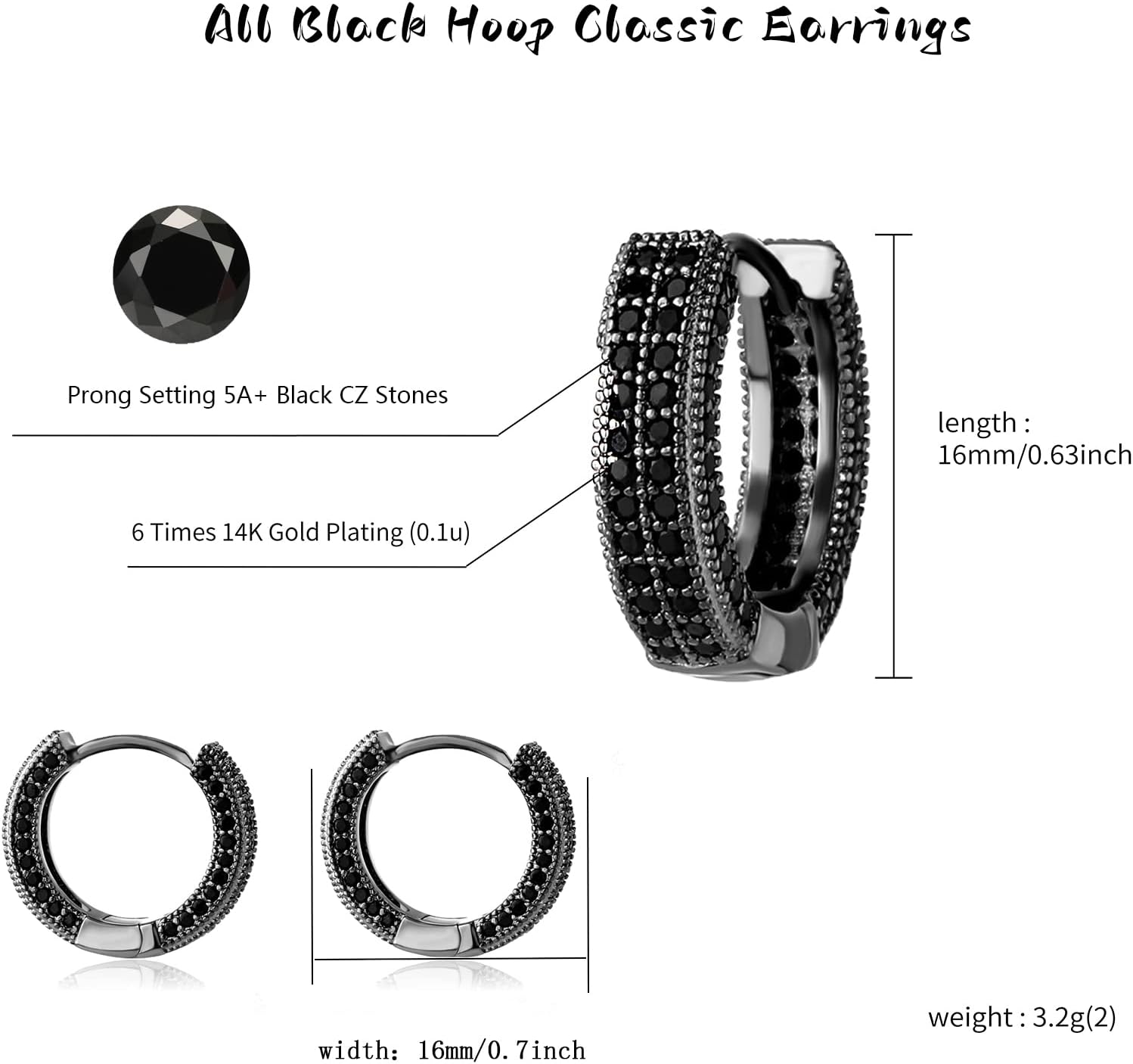 Leander Iced Out Hoop Earrings Cubic Zirconia Huggie Cartilage Cuff Hypoallergenic 14K Gold Plated Luxury Fashion Round Circle Earrings For Men Women