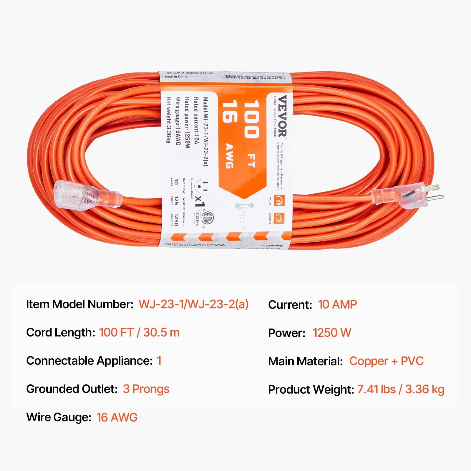 100FT Heavy Duty Outdoor Extension Cord, 16/3 AWG SJTW, 3 Prong Grounded Plug with Lighted End, 10A 1250W, Yellow - for Power Tools, Lighting, Christmas Decorations
