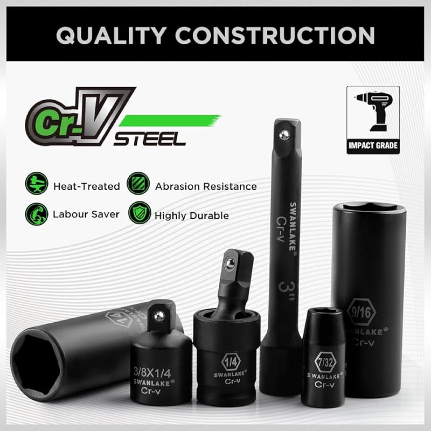 3/8" Drive Impact Socket Set, 50-Piece Standard SAE (5/16 to 3/4 inch) and Metric (8-22mm) Size, 6 Point, Cr-V, 3/8-Inch Ratchet Handle, Extension Bar, Universal Joint