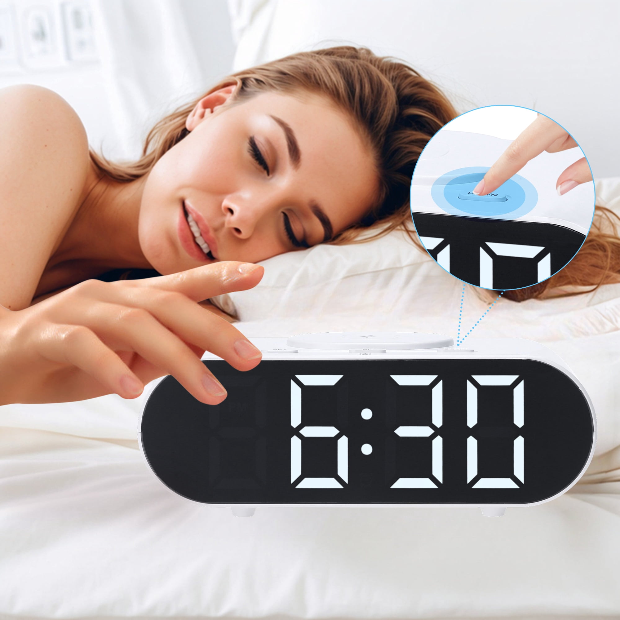 REGALWOVEN Oval Alarm Clock with Nightlight, Dimmable, 12/24H,USB Port, Wireless Charging, Decorate for Bedroom 7.1 x 3.1 x 2.4 inch White