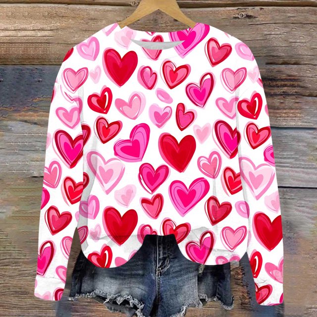 Jsaierl Chandails en Molleton pour Femmes Saint-Valentin Mignons Imprimé Cœur Chandails en Molleton Tendance Chandail Col Rond Décontracté Manches Longues pour Femmes