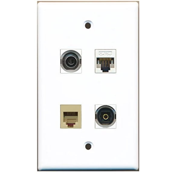 RiteAV - 1 Port Phone RJ11 RJ12 Beige 1 Port Toslink 1 Port 3.5mm 1 Port Cat5e Ethernet White Wall Plate