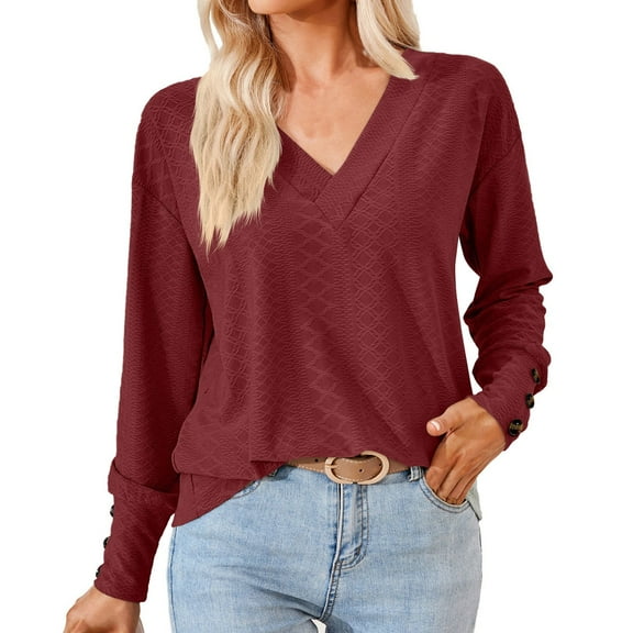 WREESH Womens Fashion Flowy Tops Solid Color V-Neck Long Sleeve Lace Button Loose T-Shirt Pullover Wine