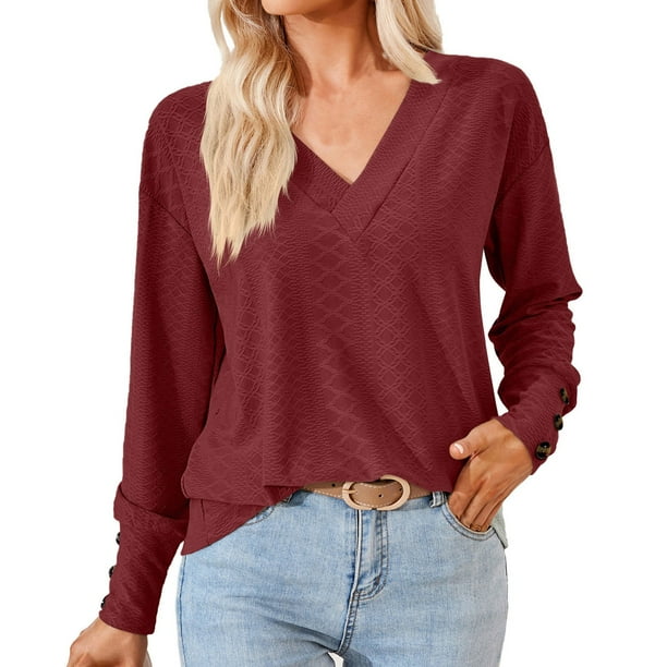 Ichuanyi liquidación para mujeres con cuello en V de manga larga botón de encaje suelto camiseta ICHUANYI WER202308242012