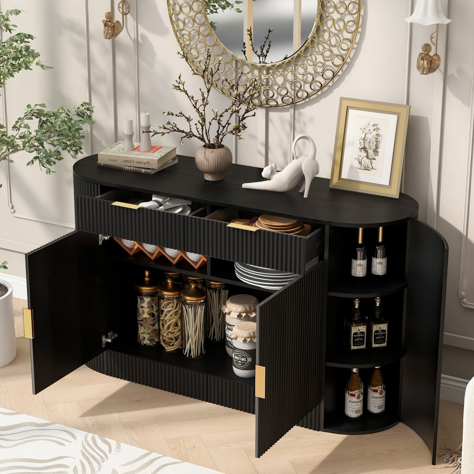 55.1" Storage Cabinet with 2 Doors & 2 Drawers, Stripe MDF Sideboard with Curved Side Door & 3-Tier Shelves, Buffet Cabinet for Living Room Dining Room Bedroom, Black
