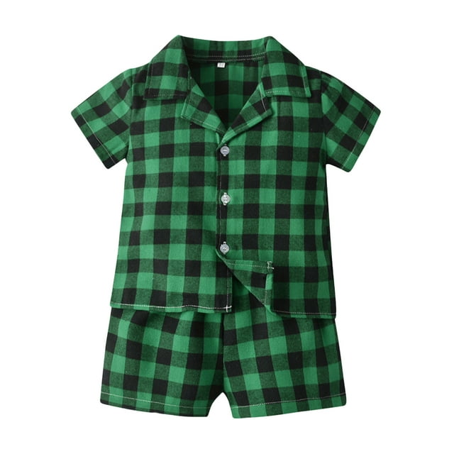 MEZZALL Pyjamas en Coton à Carreaux pour Filles, Printemps Été, Manches Courtes, Vert, 4-5 Ans