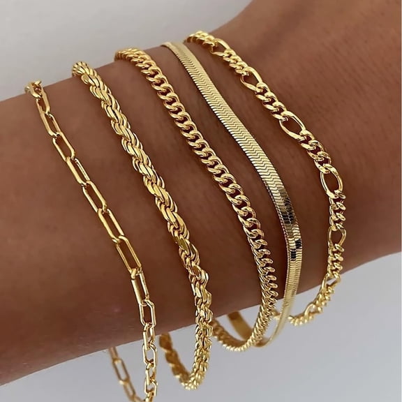 Gold bracelet, fashionable stackable jewelry set, stackable snake chain, Figaro chain, paperclip chain, adjustable bracelet set, women's jewelry.