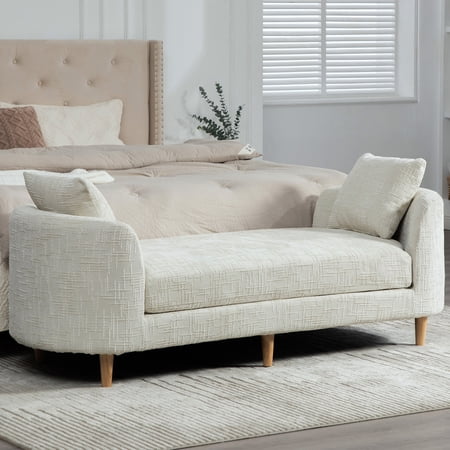 Arouseden 77" End of Bed Bench King Size,Beige Chenille Bedroom Bench with 2 Pillows,End of Bed Chaise Lounge,Upholstered Daybed Bench for Living Room(Beige/Ivory/ Cream White)