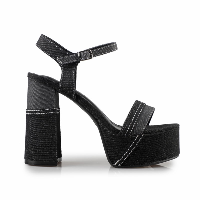 Women's Black Denim Chunky Heel Platform Sandals