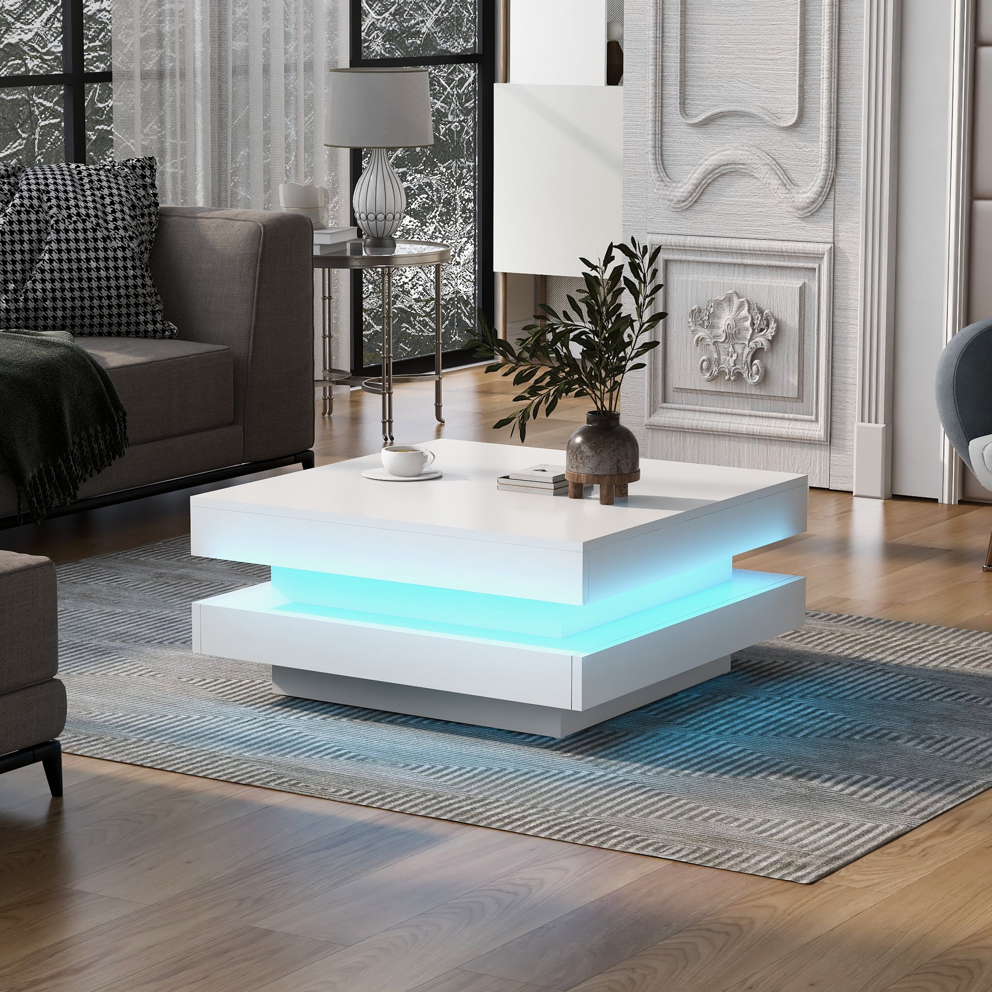 MAYEERTY High Gloss Minimalist Square Coffee Table with LED Lights, 2-Tier Center Table for Living Room, 31.5''x31.5''x14.2'', White