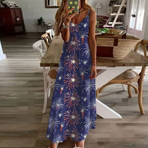 Vetsdori Summer Maxi Dress for Women's Graphic Slip Dress Backless 4th of July Red White and Blue Tank,Party Ankle Length Womens Dress V-Neck