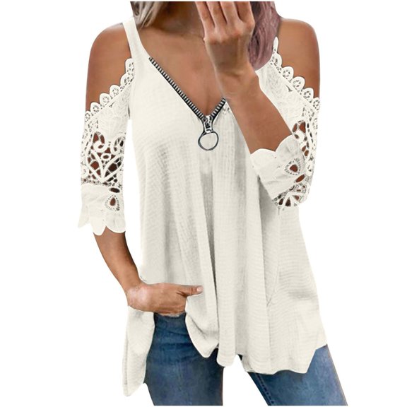 Summer Tops for Women Mgmyaa Women Blouses Tops Plus Size V-Neck 1/2 Sleeve Tops Lace Half Sleeve Zipper Hollow Out Blouse Tops Fashion Solid Color Fit Casual Tees, Shirts
