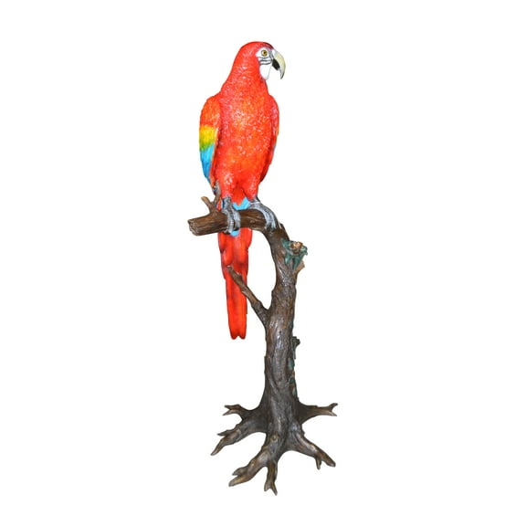 Single Red and Blue Parrot on a tree Bronze Statue -  Size: 30"L x 24"W x 66"H.