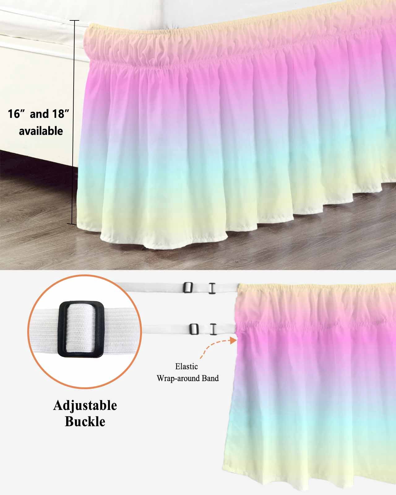 Pink Blue Bed Skirt King Size 16" Drop Purple Yellow Gradient Ruffled Wrap Around Bed Skirts Adjustable Elastic Bedskirt Dust Ruffle for King Size Bed